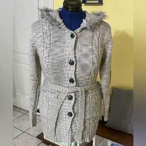 Kian D Gray Cable Knit Button Up Sweater with Fur Hood